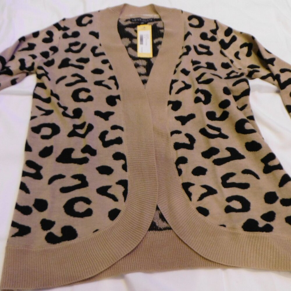 Leopard Print Open-Front Women's Sweater Cardigan - Taupe/Black Size Medium